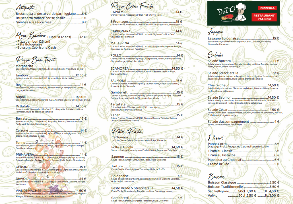 Menu complet Da Zio - Pizzas, Pâtes, Salades, Desserts